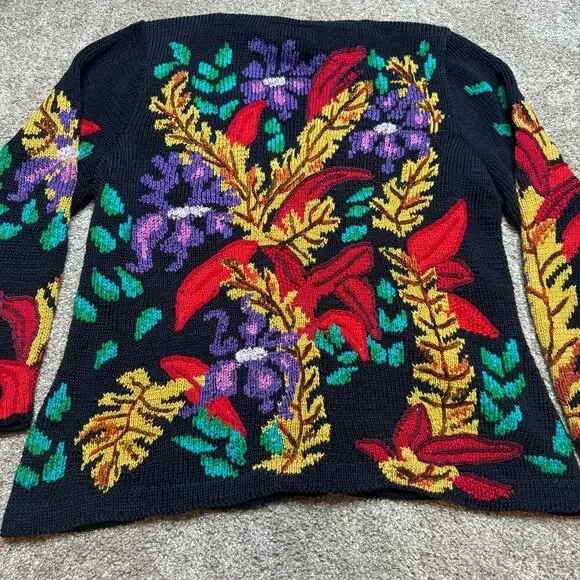 Vintage 80s/90s Berek Flower Motif Hand Knitted Cotton Cardigan Jacket - Picture 3 of 3